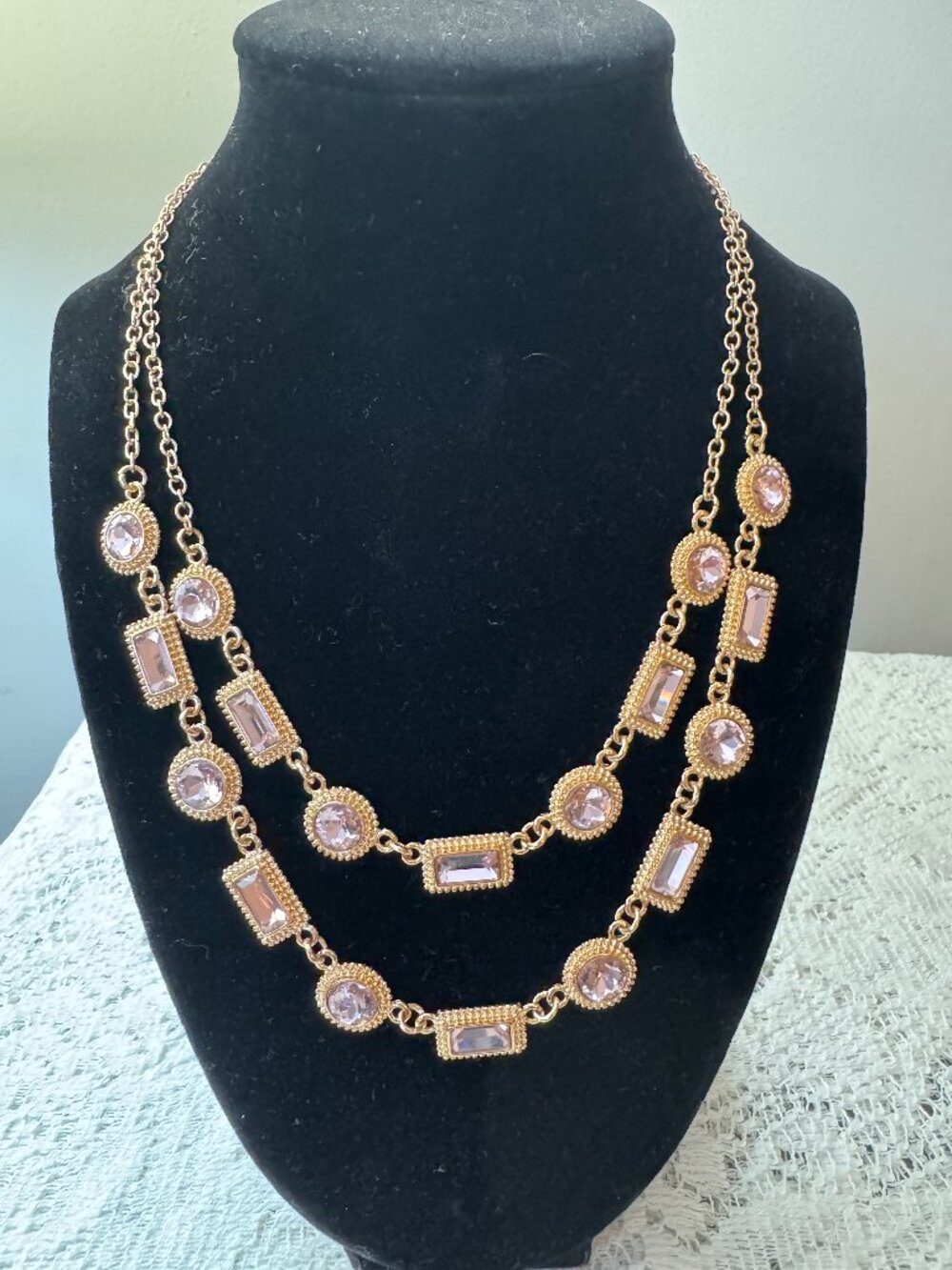 Monet NWOT Gold Double Strand Pink Crystal Station Layered Statement Necklace